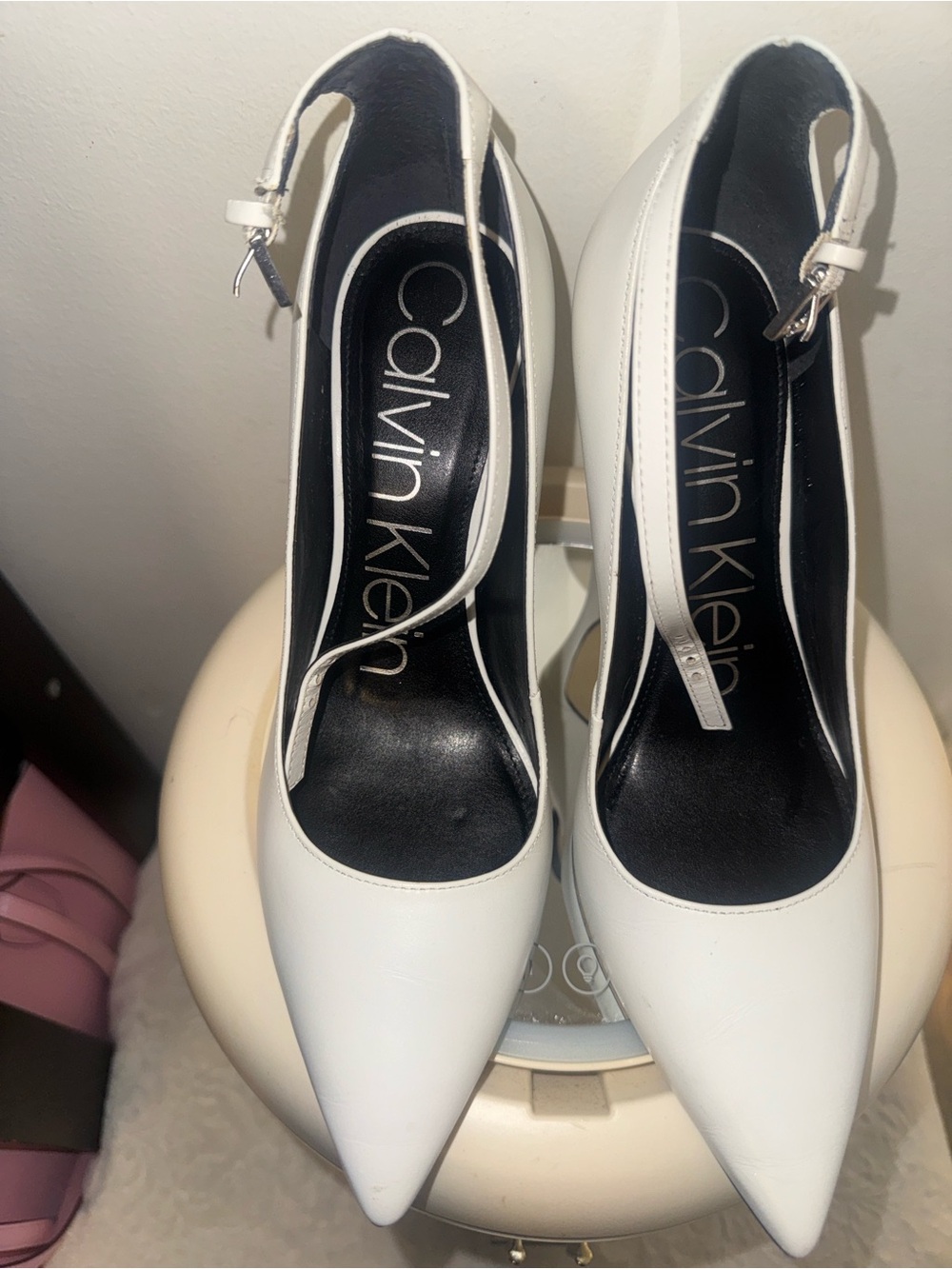 Calvin Klein White Pointed Toe Ankle-Strap Pumps